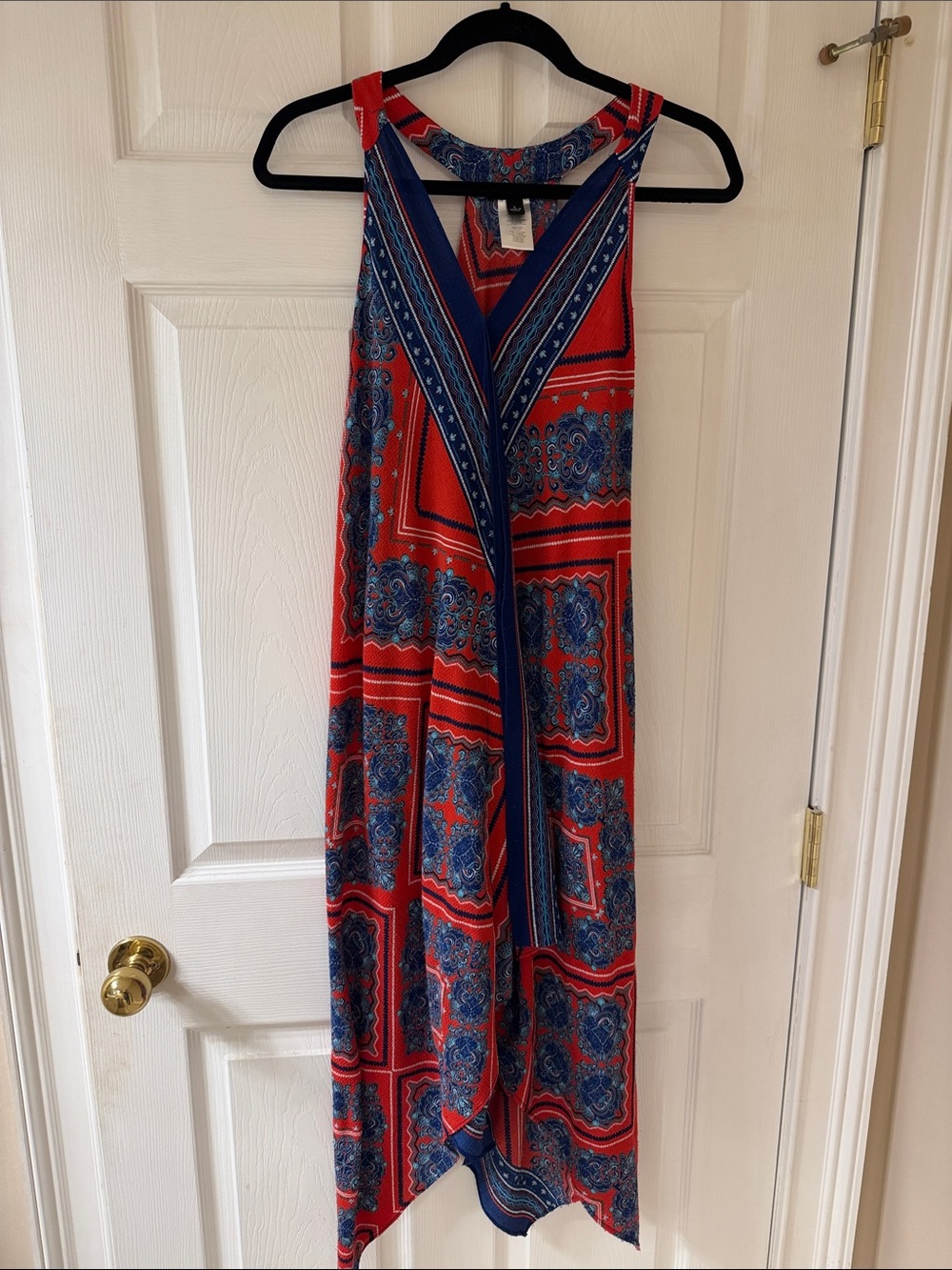SLNY Red and Blue Asymmetrical Sleeveless Maxi Dress Large